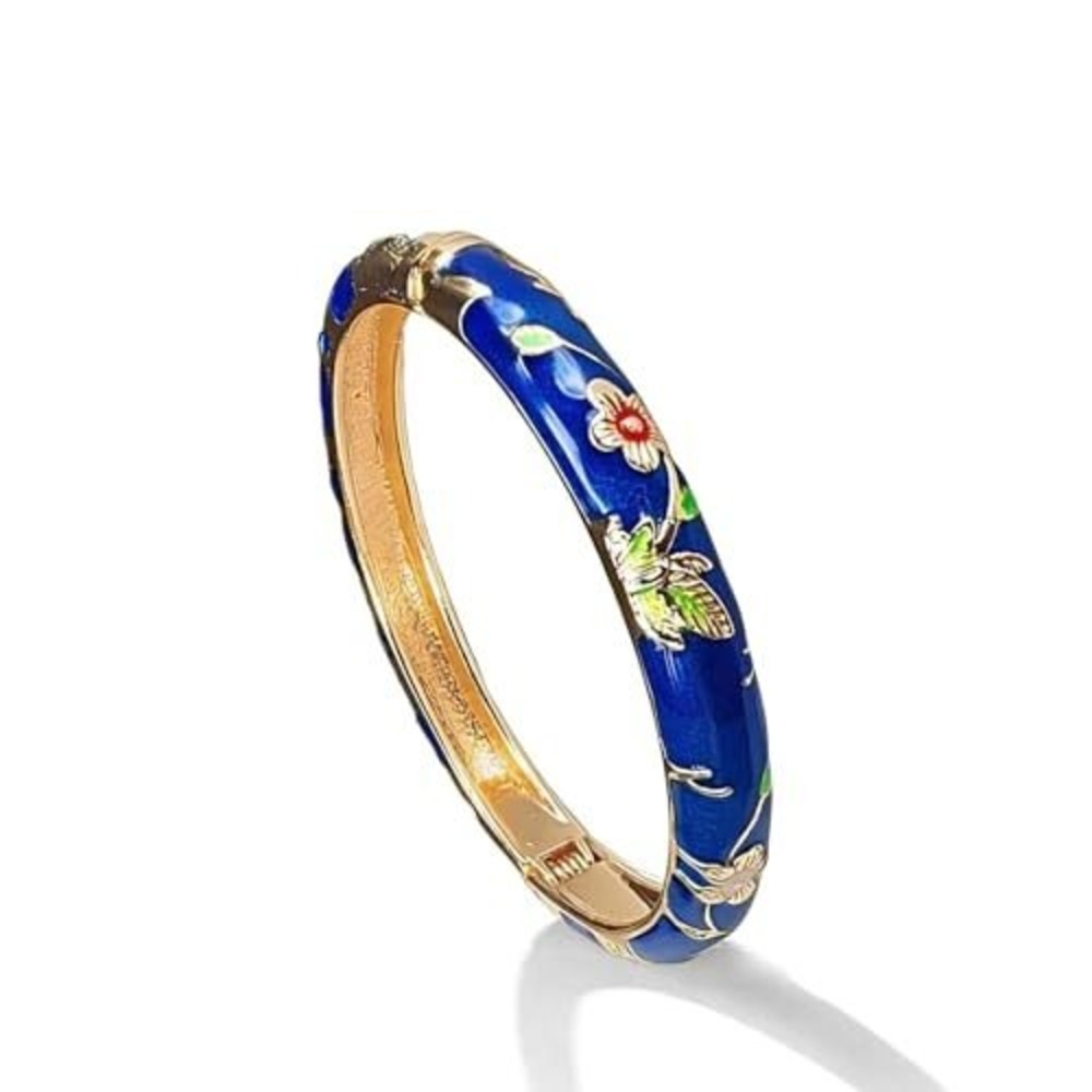 Vintage‎ Style Blue Enamel Cloisonne Floral Butterfly Bangle Bracelet Gold Tone